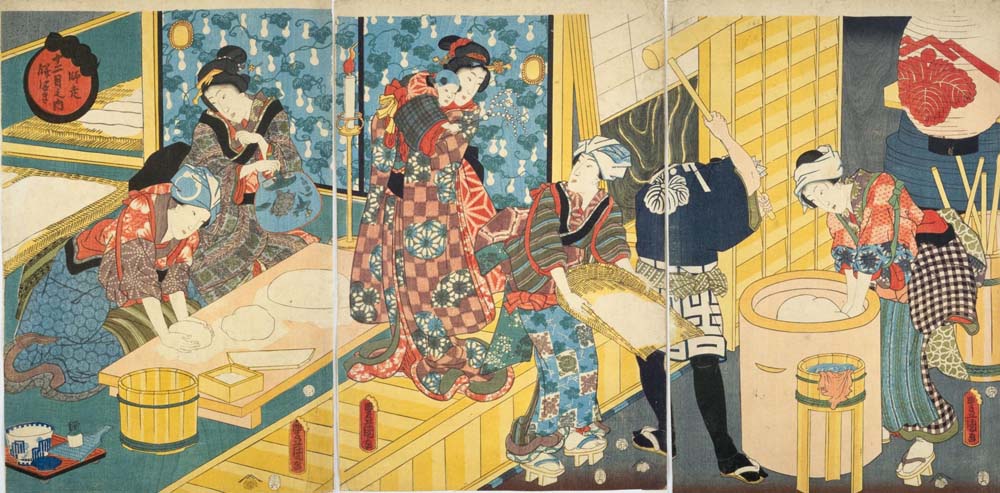 winter ukiyo-e art, rice cake pounding in December