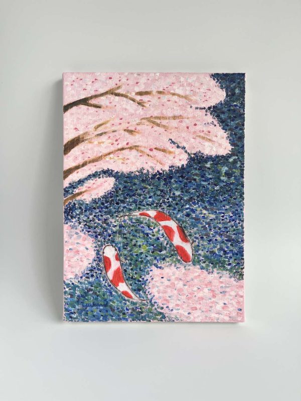 Japanese spring painting of the cherry blossoms and a koi pond